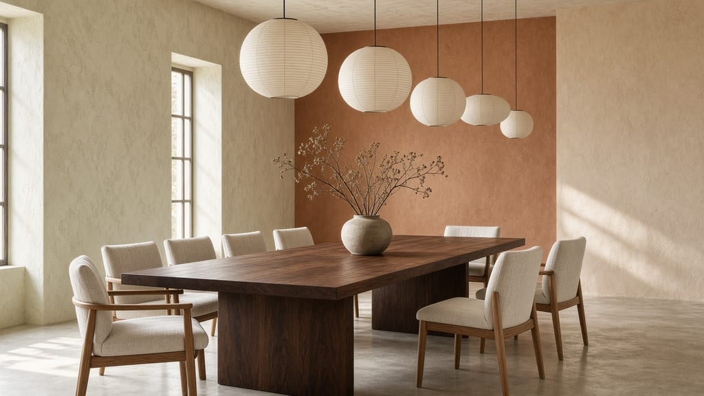 A long timber table in a restrained, light-filled interior.