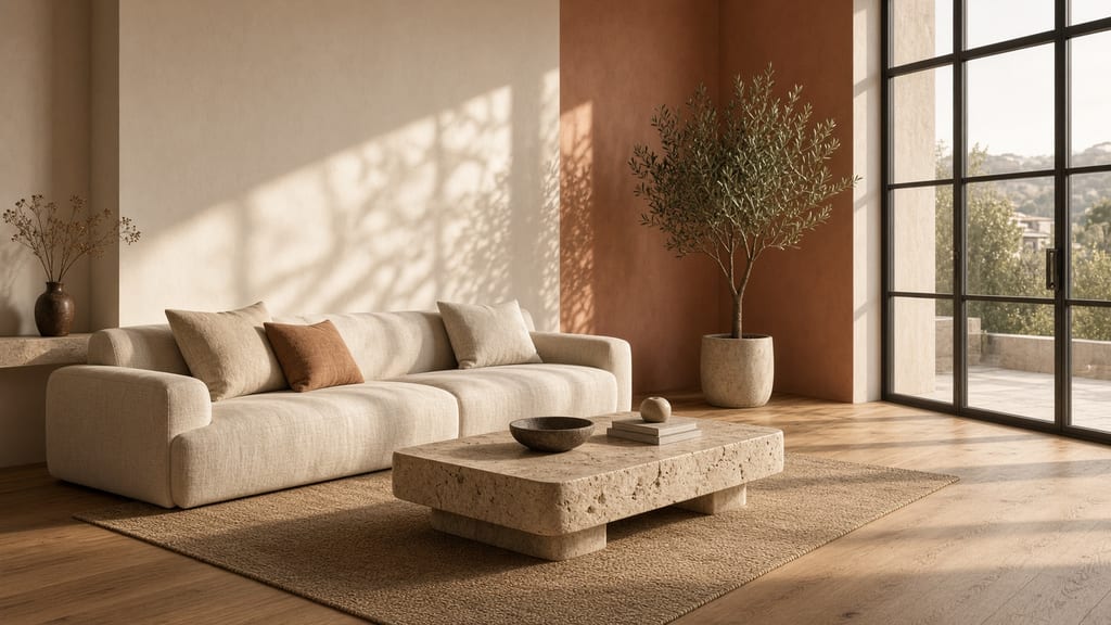 Warm light across a quiet interior of plaster, stone and timber.