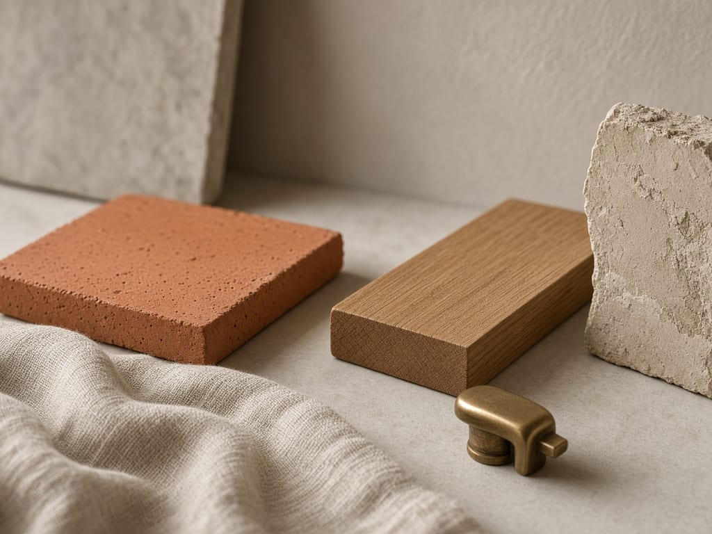 A composition of stone, clay, linen and timber samples.