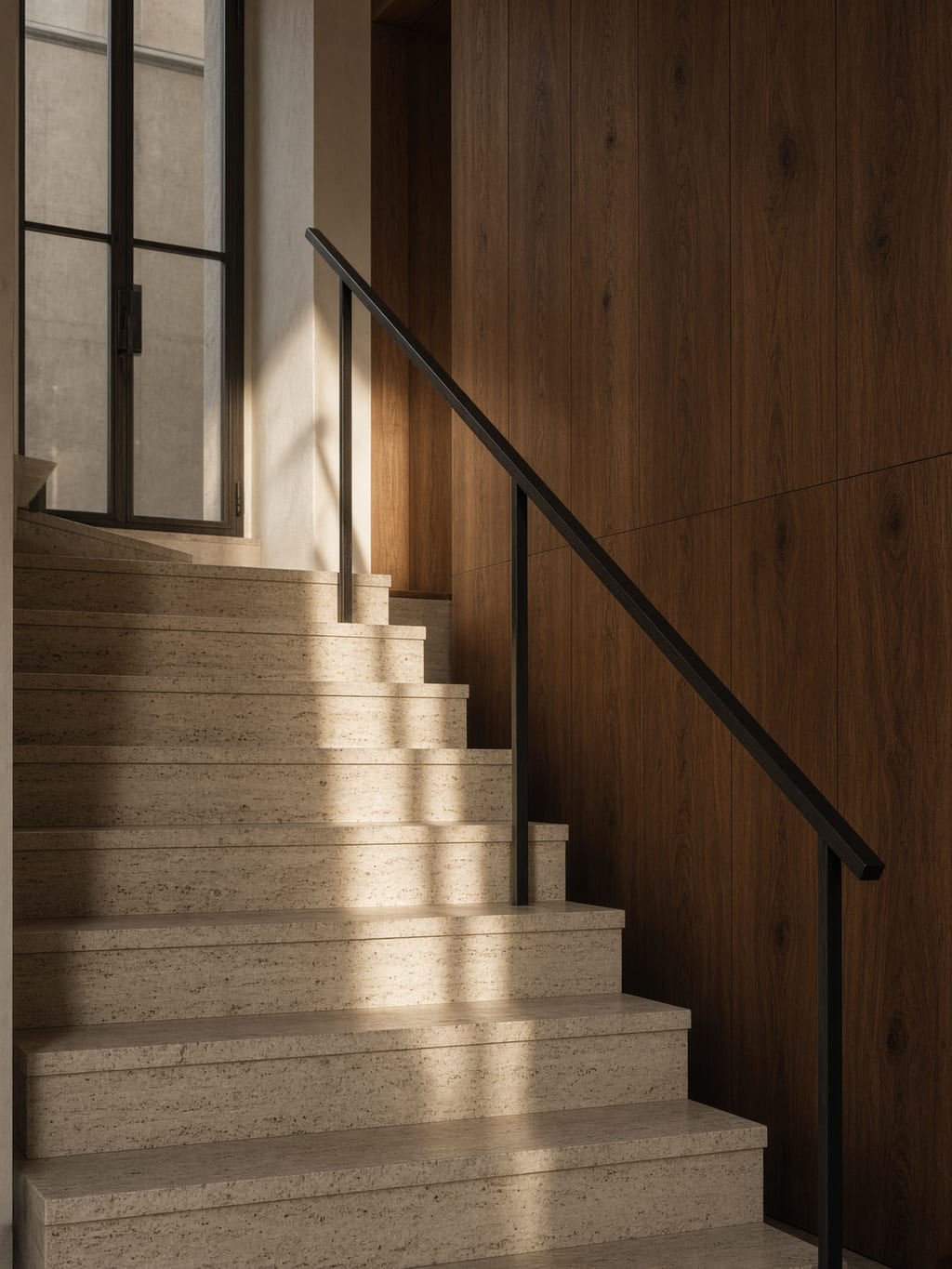 Travertine stairs, a fine steel handrail and a shaft of light.