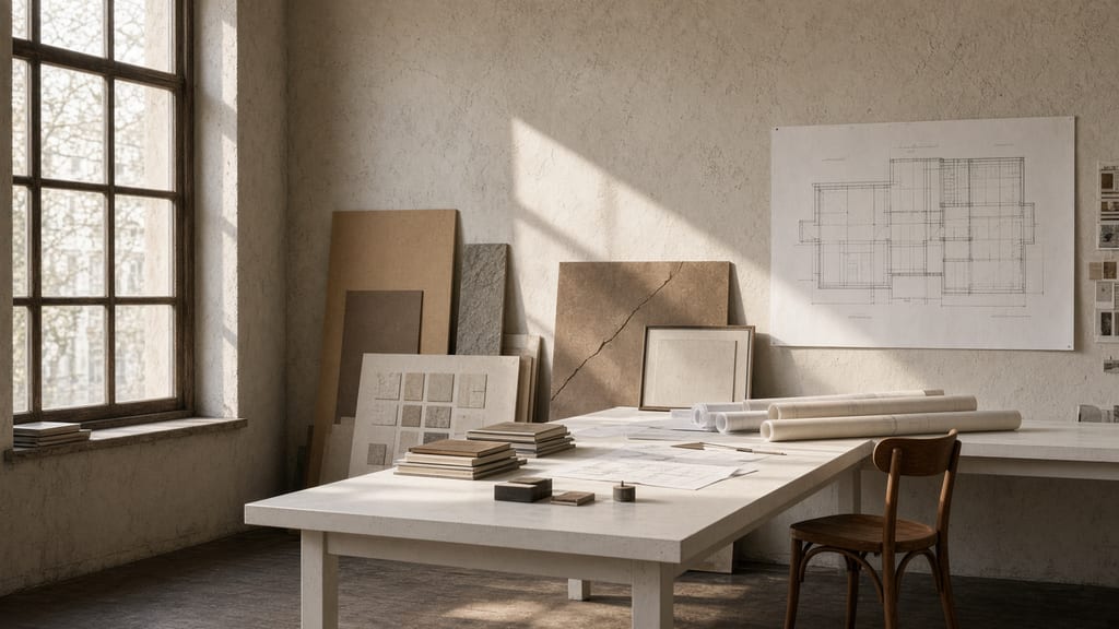 An architectural workspace with material samples and drawings.
